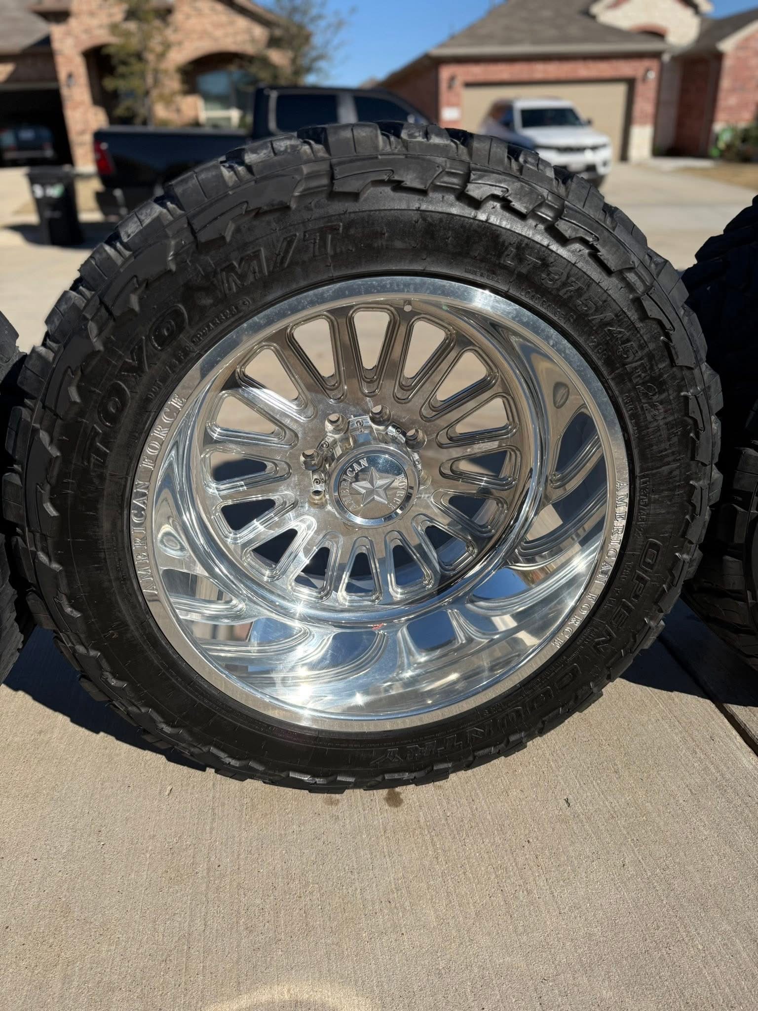 22x14 American Force Idol Wheels (Smooth Lip) w/ Billet Caps Wrapped in 375/45R22 Toyo Open Country MT Tires (75% Tread) - Image 3